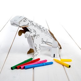 A colorful, dinosaur-shaped craft kit with crayons and markers for children to color and decorate.