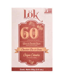 Dark chocolate bar with 60% cacao, 85g. Organic, vegan, and gluten-free.