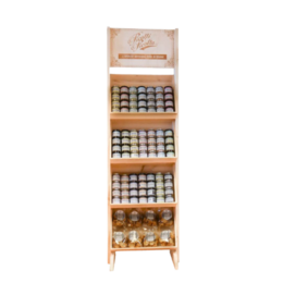  Wooden display unit with multiple shelves for organizing and showcasing various products.