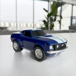  Blue toy racing car with Ford Mustang design.