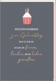 Folded birthday card with pink envelope. The card features a festive crown icon and handwritten German text wishing a happy birthday and expressing the sentiment of celebrating life's joys.