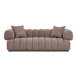  Large, plush brown sofa with tufted upholstery and thick cushions, suitable for 3 people. Made of polyester, foam, and plywood.