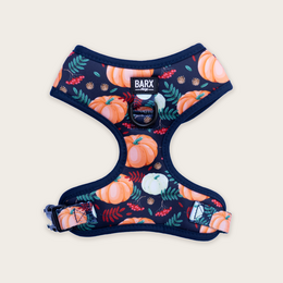 Adjustable pet harness with a pumpkin patch design, featuring a navy blue background with orange pumpkins, leaves, and other fall-themed elements. Available in sizes XXS to L.