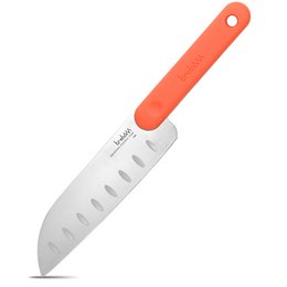 Santoku knife, a versatile Japanese-style chef's knife with a straight edge and a dimpled blade for easy food release. Made of high-quality stainless steel with a comfortable red handle.