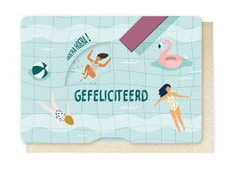 A colorful illustration depicting a birthday card with various celebratory elements such as a cake, balloons, and a person swimming in a pool. The text "Congratulations" is prominently displayed, indicating this is a congratulatory birthday card.