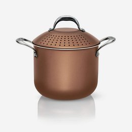 A large, round copper pot with a domed lid and two stainless steel handles. The pot has a perforated design on the sides, likely for straining or steaming.