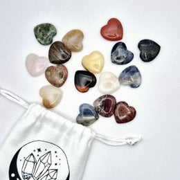  Assorted heart-shaped crystals and stones in various colors including red, yellow, green, and blue. The stones appear to be polished and smooth, with a variety of natural patterns and textures. This product would be suitable for use as worry stones, decorative elements, or for crystal healing practices.