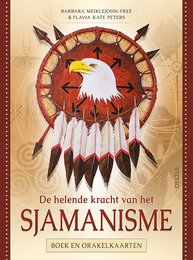 "A book and oracle card set exploring the healing power of shamanism, featuring a vibrant illustration of a bald eagle feather headdress against a sun-like background."