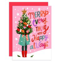 Christmas card woman with Christmas tree merry everything happy always