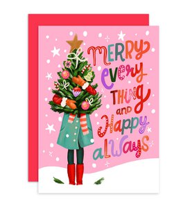 Christmas card woman with Christmas tree merry everything happy always