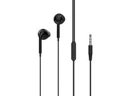  Black in-ear earbuds with microphone, 3.5mm jack, wired earphones with cable and mic.