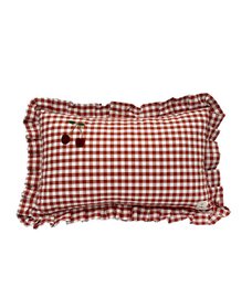  A natural linen pillow with an embroidered name and cherry design, suitable for a cozy and rustic home decor.