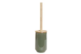 Green ceramic toilet brush holder with bamboo handle, 10x10x42 cm in size.