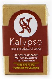 Hand-made soap bars made with donkey milk and chamomile, featuring a natural, earthy color palette and the Kalypso brand logo.
