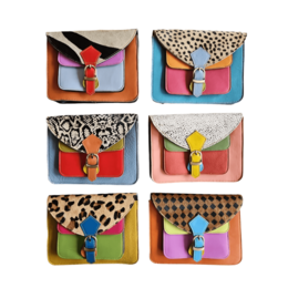  Leather animal print cross-body bag with colorful geometric patterns and animal print accents.