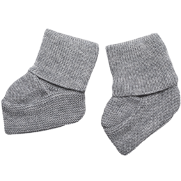 Soft, cozy baby shoes made from 100% finest merino wool in a mottled grey color.
