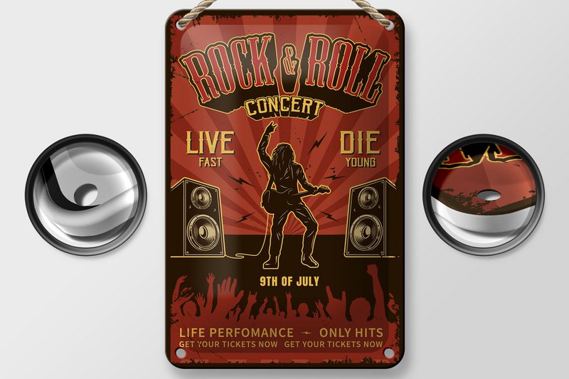 Blechschild Retro 12x18cm Rock n Roll Concert live 9th july Dekoration