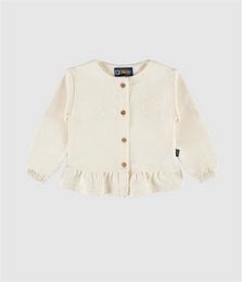 Cream colored kids jacket with long sleeves, ruffled hem, button front closure, ice cream design