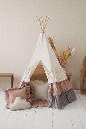  Powder pink and gray teepee with frills and matching mat set for kids' play area.