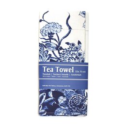 Blue and white floral tea towel with birds and flowers.