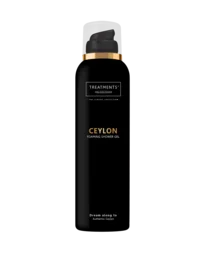 Foaming shower gel with a Ceylon fragrance, featuring a 200ml bottle with a scenic landscape design.