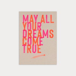  Congratulations card with text "May all your dreams come true" in pink lettering on a beige background. The card is printed using risography, a type of screen printing technique.