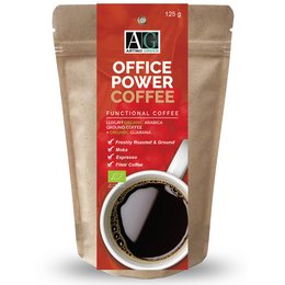 Office Power Coffee, a functional coffee blend that is dark roasted, ground, and ready to brew. This coffee is designed to provide a boost of energy and focus for the office or workplace.