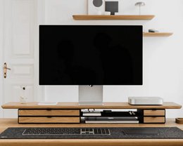  "Walnut oak desk shelf with single dual drawer storage, modern minimalist design, wall-mounted workspace organizer"