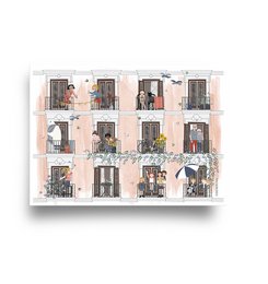 A4 poster featuring a collage of 12 illustrations depicting different balconies with various decorations, plants, and architectural elements. The poster showcases the summer season with vibrant colors and lively details.