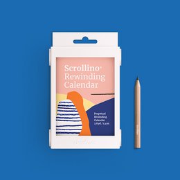 Scrollino Perpetual Calendar, a desk calendar with a modern, abstract design featuring geometric shapes in various colors. The calendar is available in French and English versions.