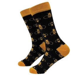 Bee-themed socks in a variety of sizes and colors, featuring a repeating pattern of bees on a black background.