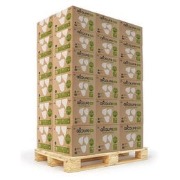 Recycled toilet paper box on a pallet. The box is made of recycled materials and features a green leaf design, indicating an eco-friendly or sustainable product.