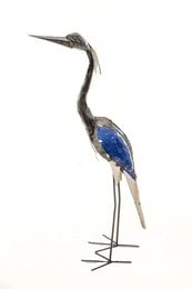 Majestic metal medium heron garden sculpture with a long, slender neck and body, featuring a blue glass accent.