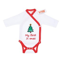 White and red baby bodysuit with "My first X-mas" text and a Christmas tree graphic. Made of soft, comfortable material suitable for infants.