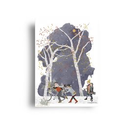 "Whimsical winter scene with parents and teenagers carrying a Christmas tree through the snowy forest. Illustrated postcard with a festive, family-oriented design."