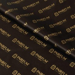 Black and gold tissue paper with Pairfum logo pattern. Suitable for gift wrapping, packaging, or decorative purposes.