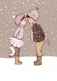 Greeting card with winter-themed illustration of two children kissing in the snow.
