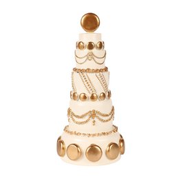  Gold resin tree cake decoration, tiered round shape, metallic spheres, chain drape details, elegant festive statue