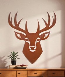 Brown deer head with large antlers wall mural sign, rustic woodland animal decor