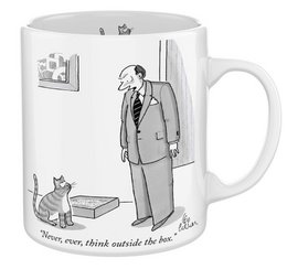  A white ceramic mug with a black and white illustration of a man standing in a room, with the text "Think outside the box" printed on it. The mug is part of the New York Puzzle Company product line.