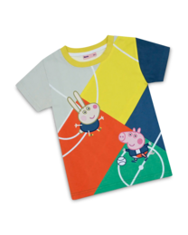  Colorful geometric pattern t-shirt with Peppa Pig character graphic. Suitable for children's casual wear.