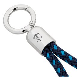 Dark blue and light blue braided rope lanyard with a metal ring. The lanyard is suitable for holding keys or other small items.