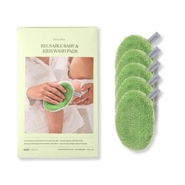Set of 5 soft, absorbent wash pads for babies and children in pastel yellow, pastel blue, pink, and green colors. Made of natural materials.