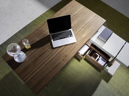 Walnut wood desk and tempered glass