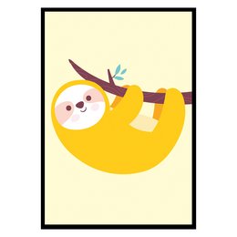 Colorful poster featuring a cute sloth hanging on a branch. The poster is available in various sizes from A4 to A0, making it suitable for wall art in a nursery or child's room.