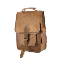 Tan leather backpack with two front pockets and adjustable straps. Durable and stylish design suitable for everyday use or travel.