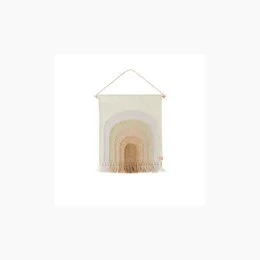 Colorful, abstract wall hanging with arched rainbow design. Made of woven materials in shades of beige, pink, and blue. Suitable for a child's room or nursery decor.
