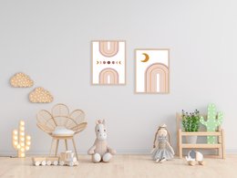 A colorful poster featuring a rainbow-like design with moon phases. The poster is suitable for a kids' room and comes in two size variants, A3 and A4.