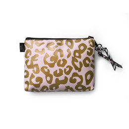 A beige and gold leopard print makeup bag or cosmetic pouch with a zipper closure and a metal charm.