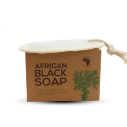 A natural, handmade African black soap bar with a loofah sponge. The soap is made from a blend of shea butter, palm oil, and other natural ingredients, providing a gentle cleansing experience. The loofah sponge adds exfoliating properties to the soap.